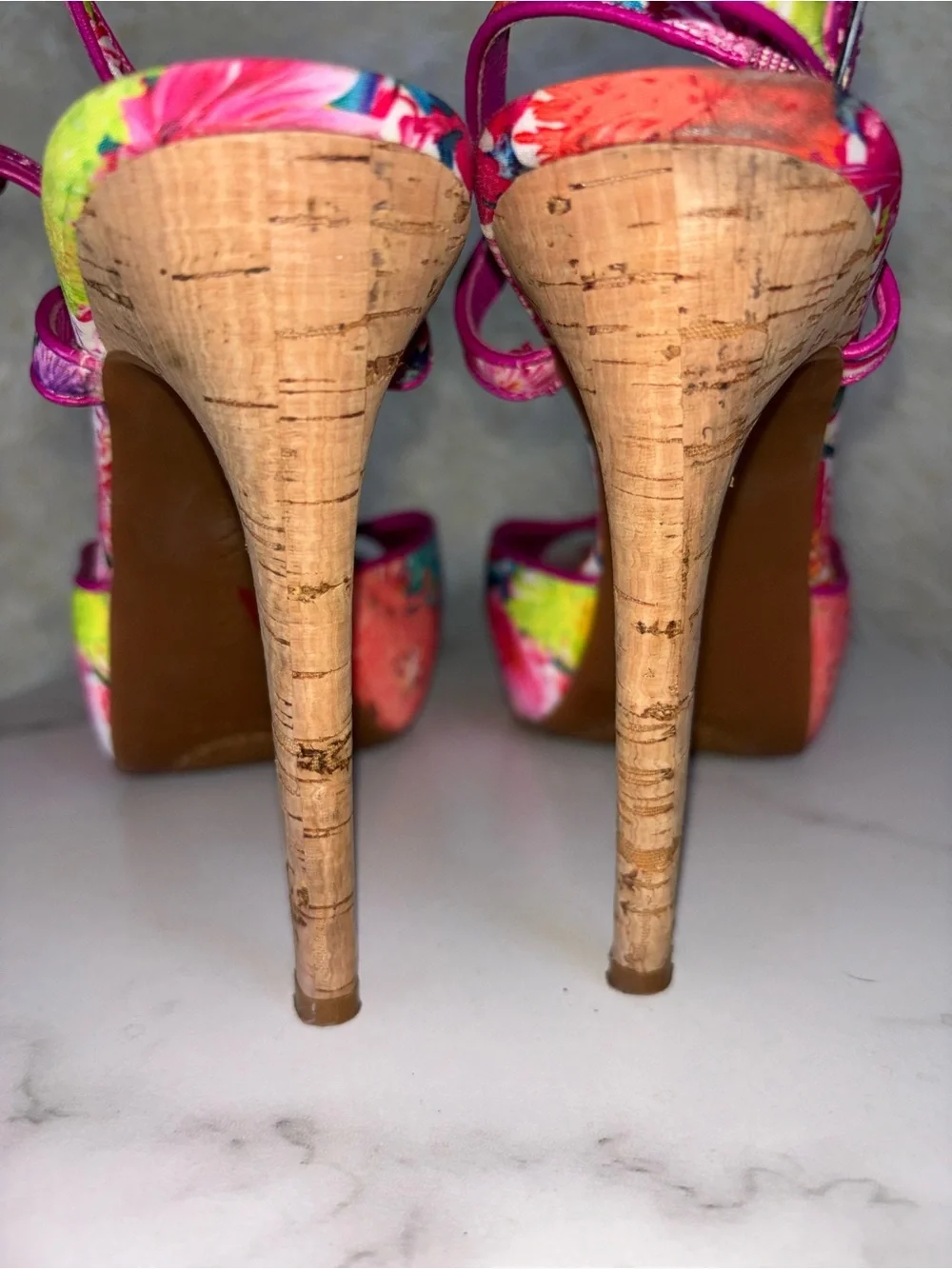 Gianni Bini Pink Floral Platform T-Strap High Heels